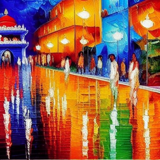 Deepavali Celebration in Indian Cities as Oil Painting