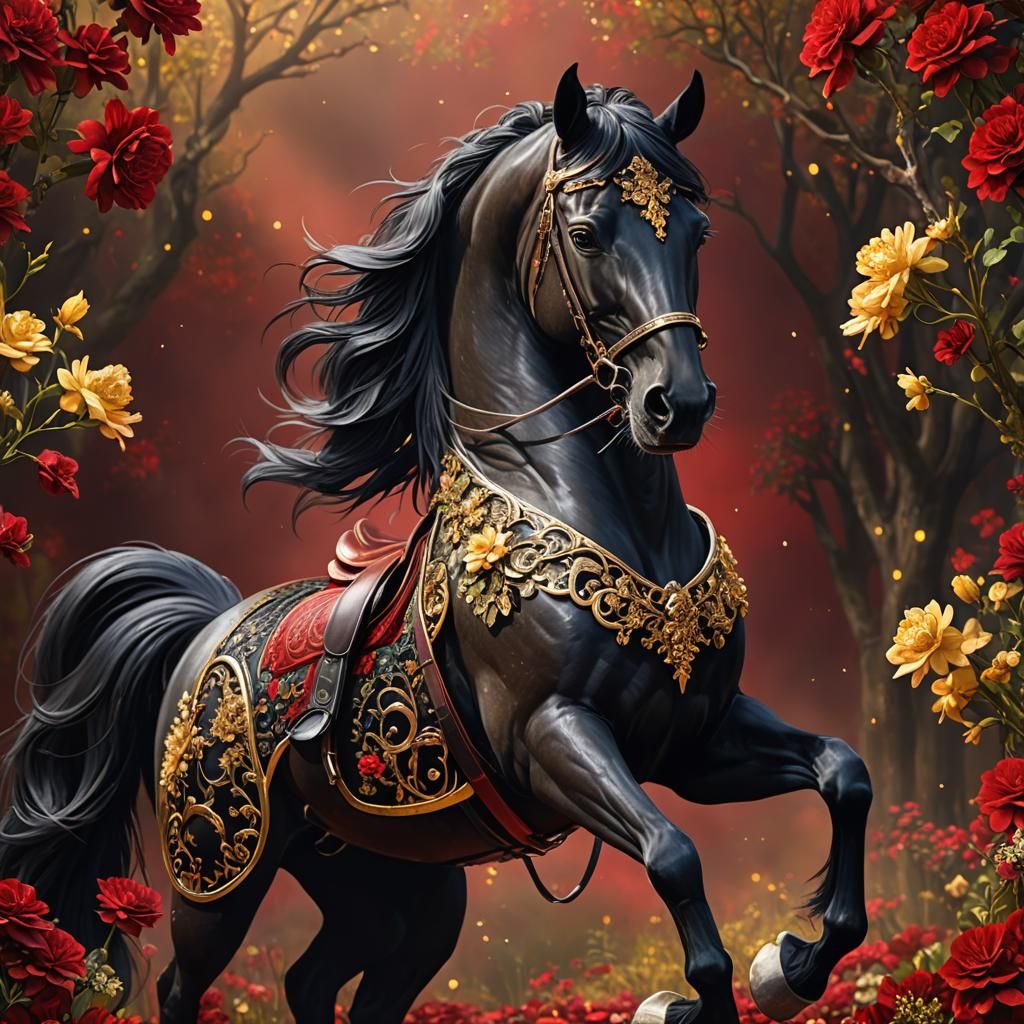 Black Horse with Gold Tack in Fantasy Art