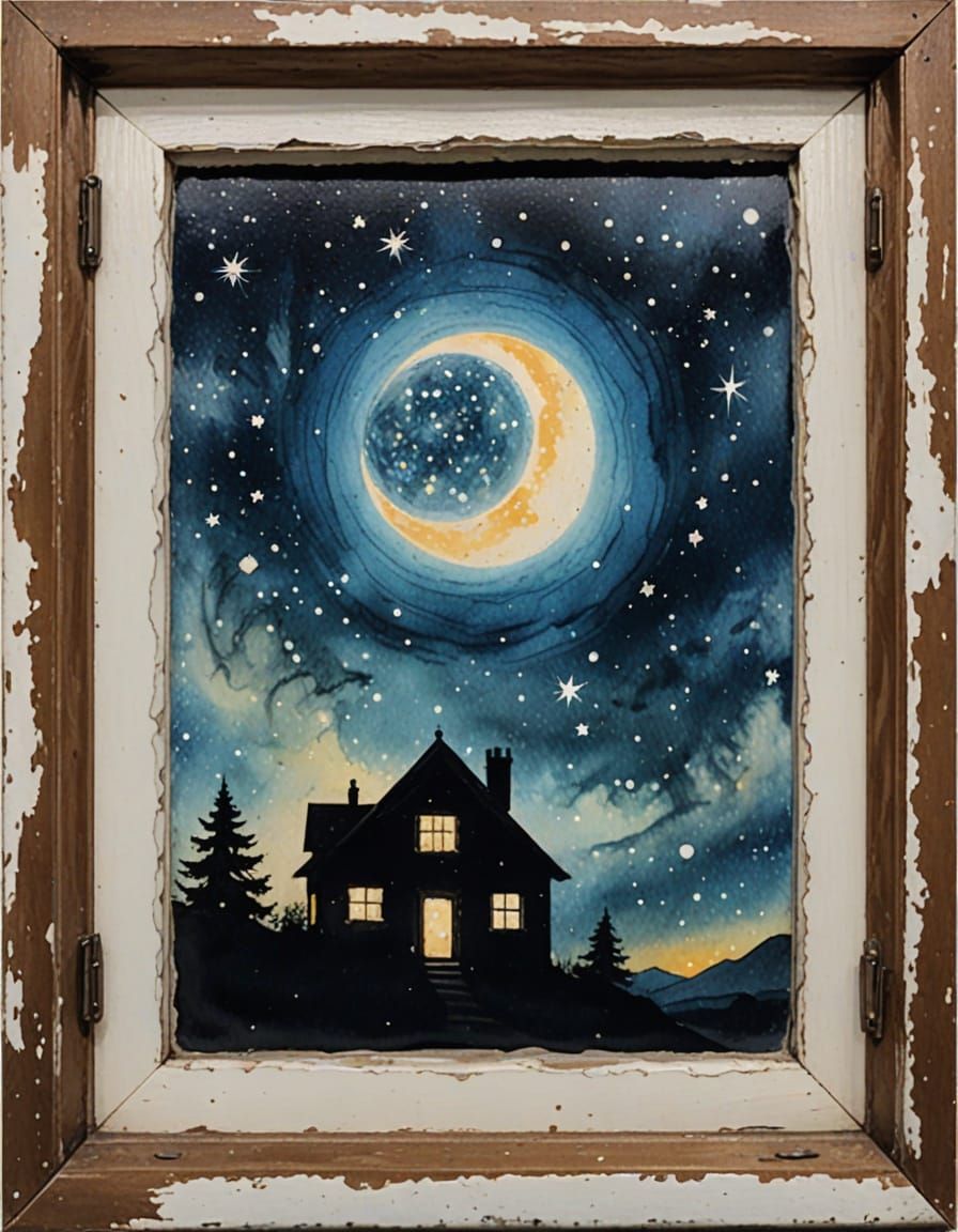 Whimsical Nighttime Encounter in Cosmic Encaustic