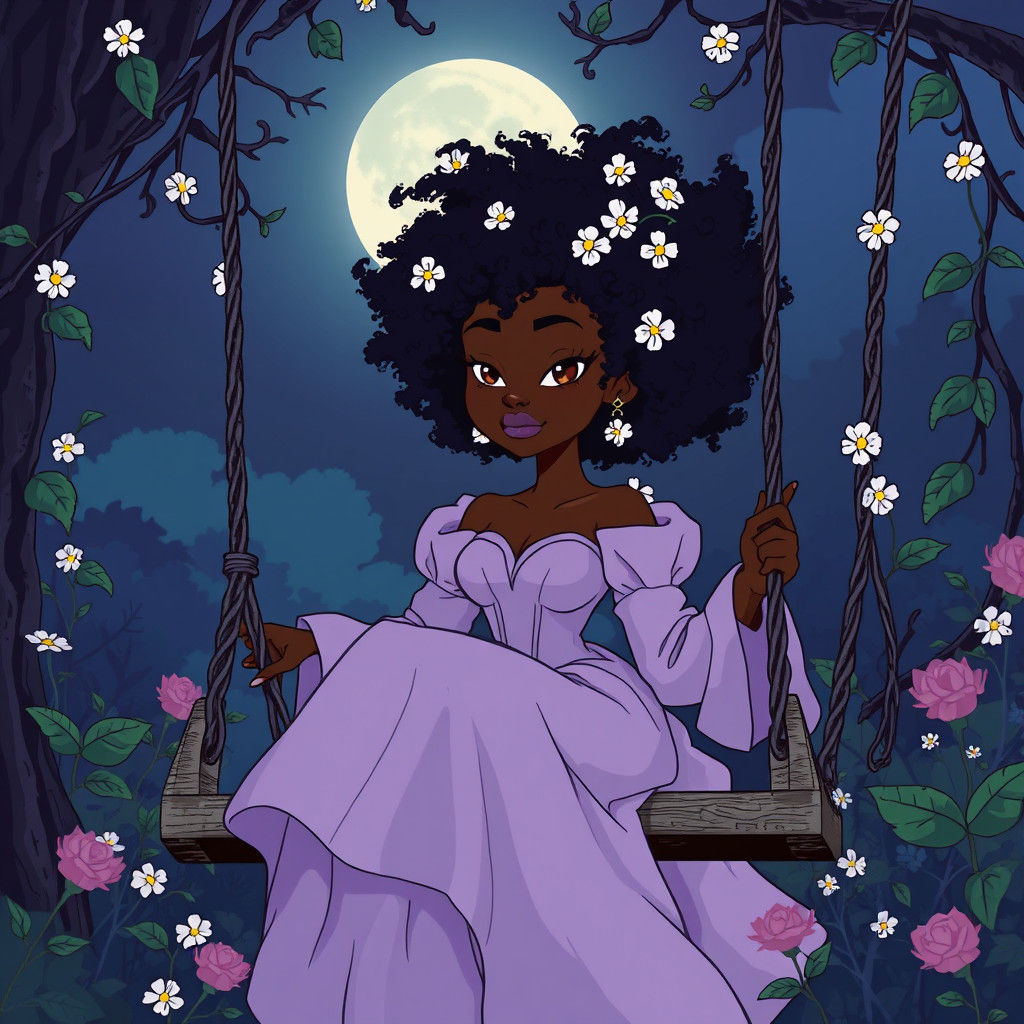 Black Princess in Ethereal Midnight Garden: 80s Cartoon