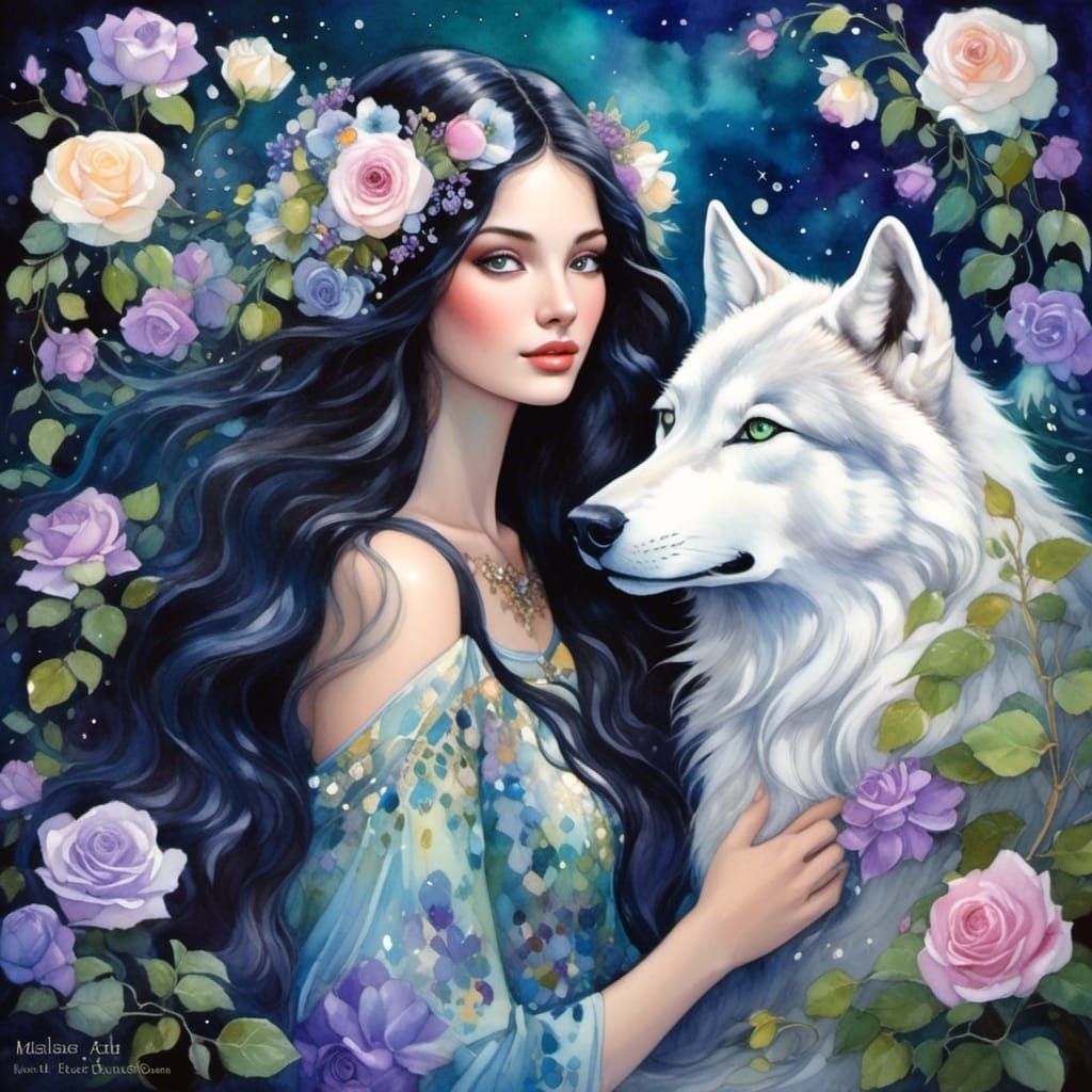 Woman with Wolf in Gouache Watercolor Style