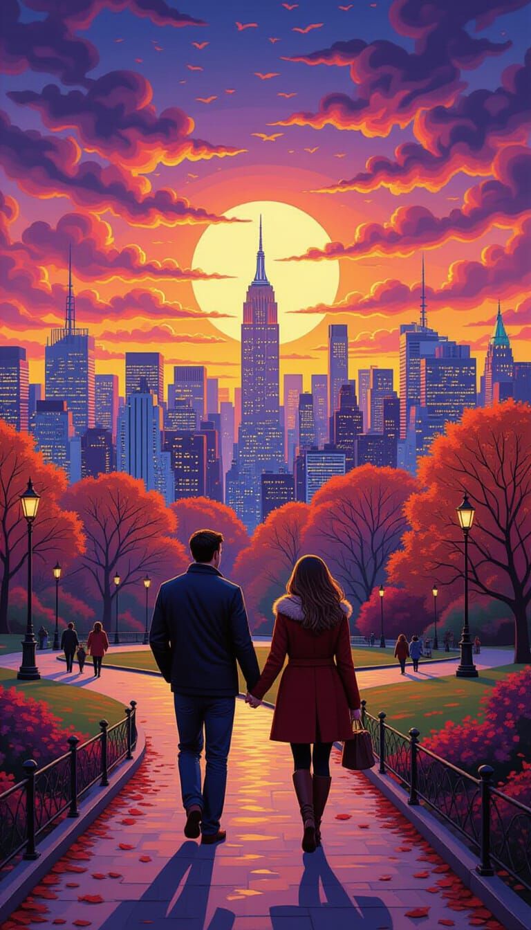 Loving Couple in Central Park: Acrylic Surrealism