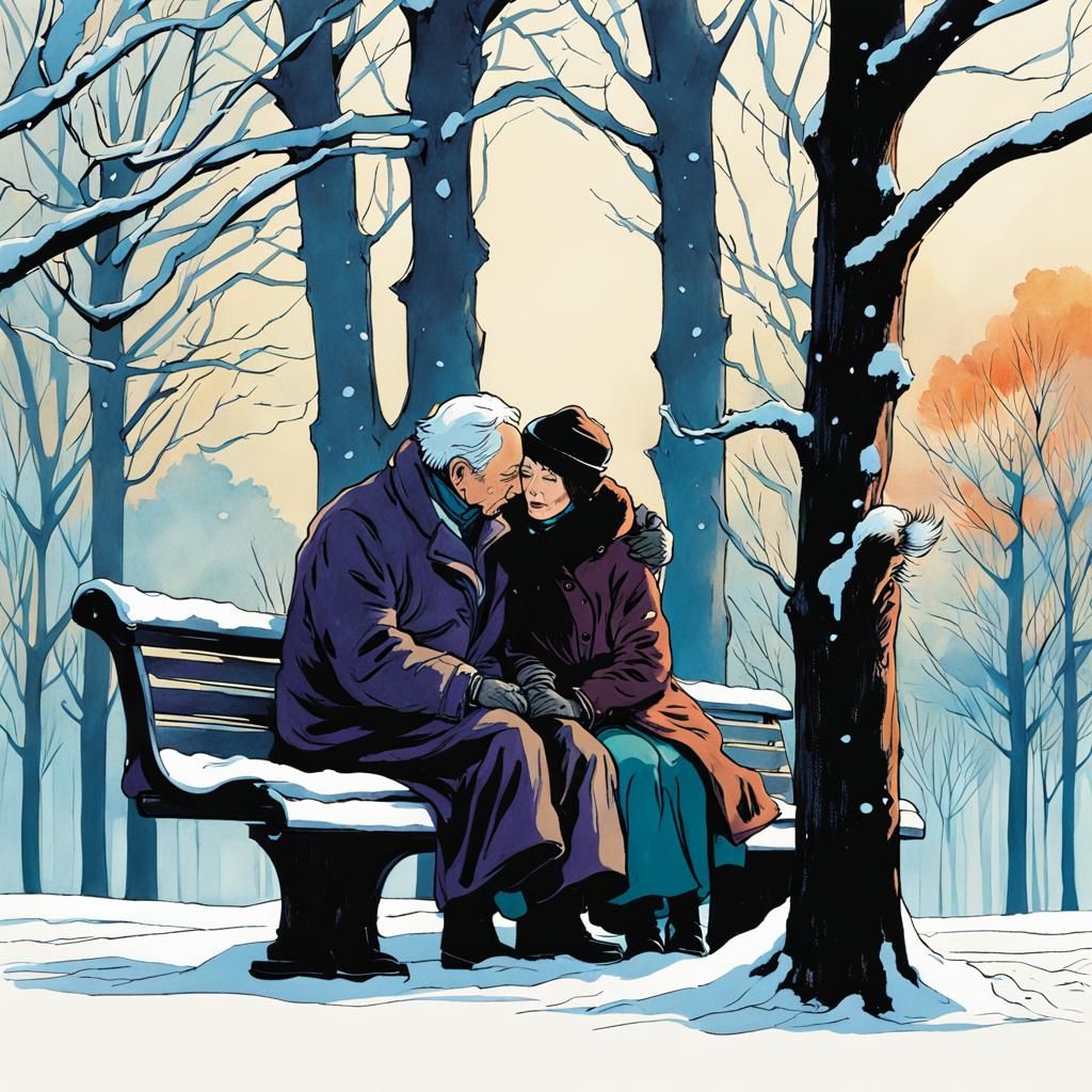 Hand-Drawn Ink of Couple Embracing in Winter