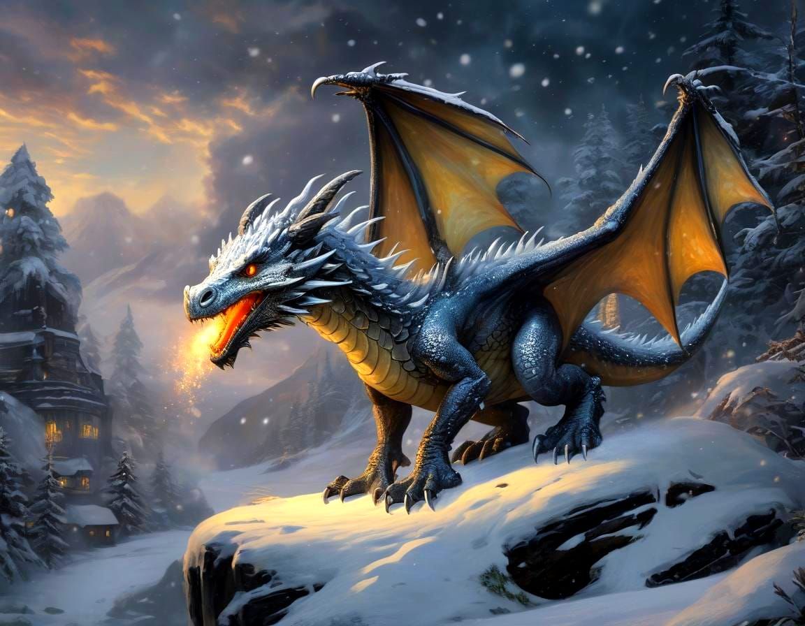 Snow Dragon with Magic Rising from Painting