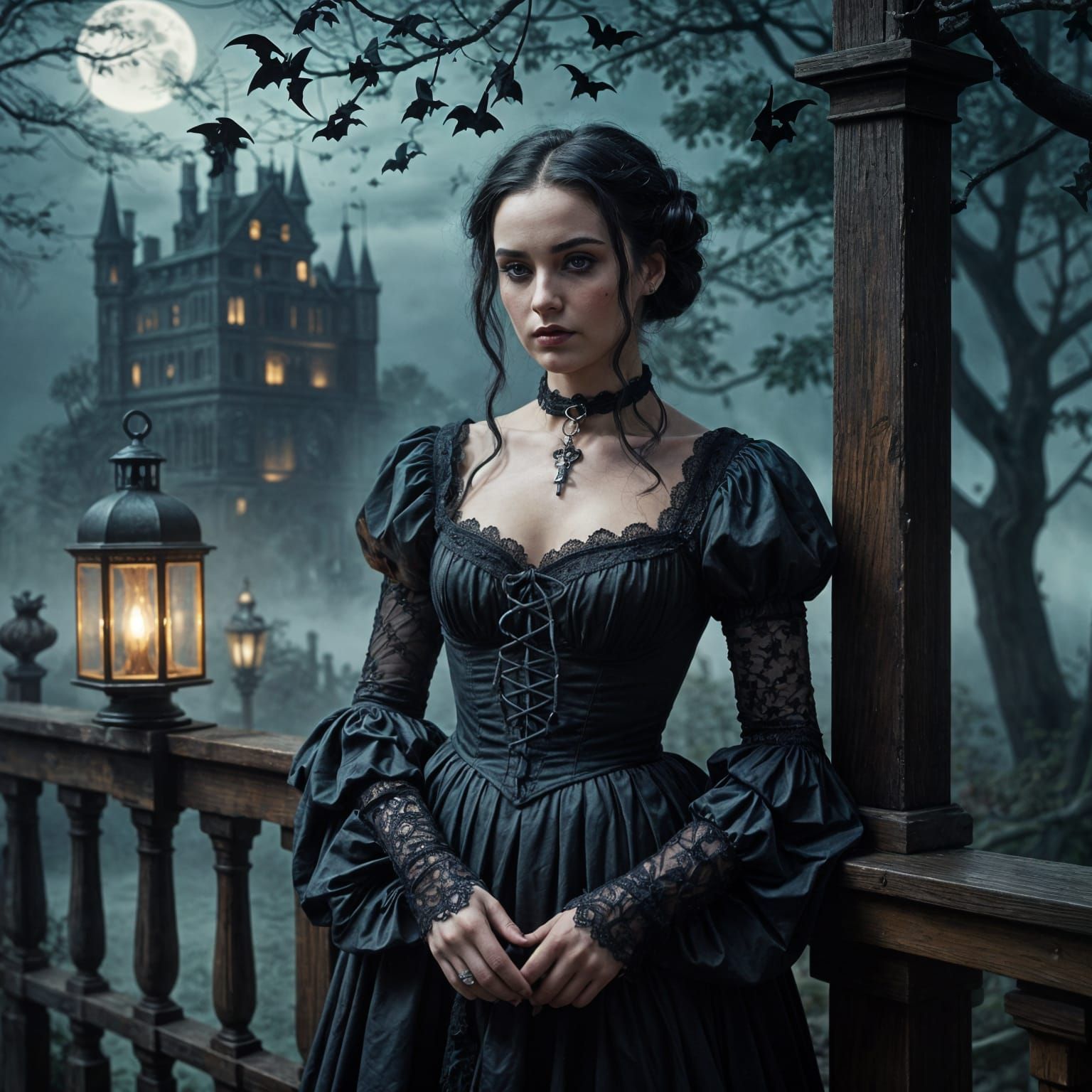 Gothic Woman in a Mysterious, Smoky Landscape