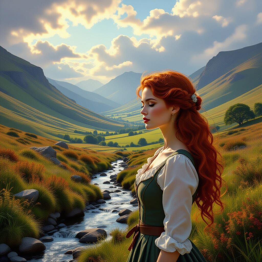 Serene Woman in Dramatic British Countryside Digital Paintin...