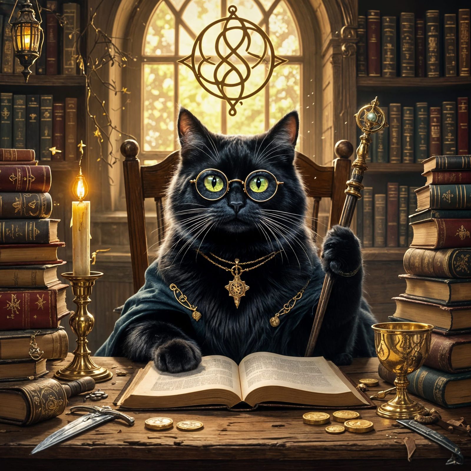 Wise Black Cat Studying Arcane Knowledge