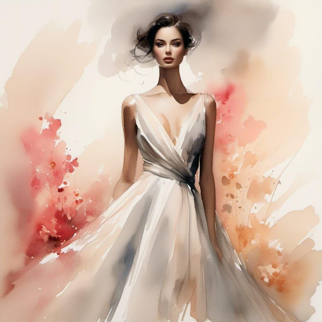 Elegant Woman in Gown, Watercolor Fashion Illustration