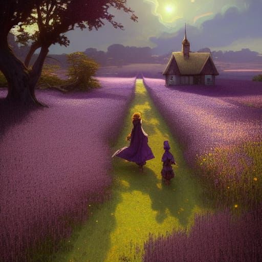 Purple Flower Field Cottage: Hyperdetailed Concept Art