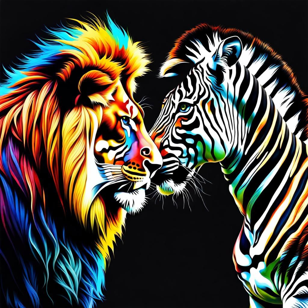 Lion and Zebra Kiss in Surreal Double Exposure