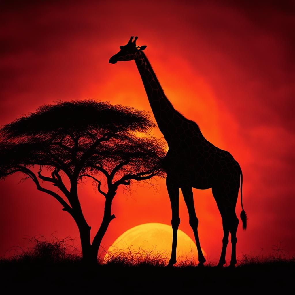 Surreal Giraffe Silhouette against Vibrant Sunset