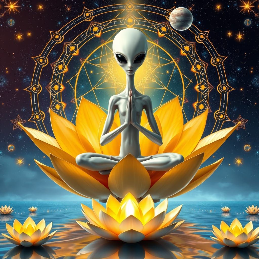 Ethereal Alien on Golden Lotus in Cosmic Dreamscape