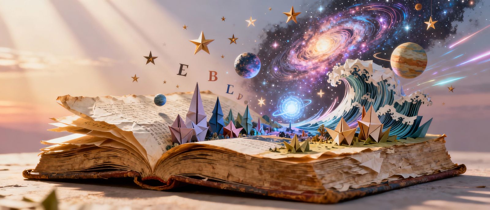 Magic Open Book with Cosmic World and Flying Letters