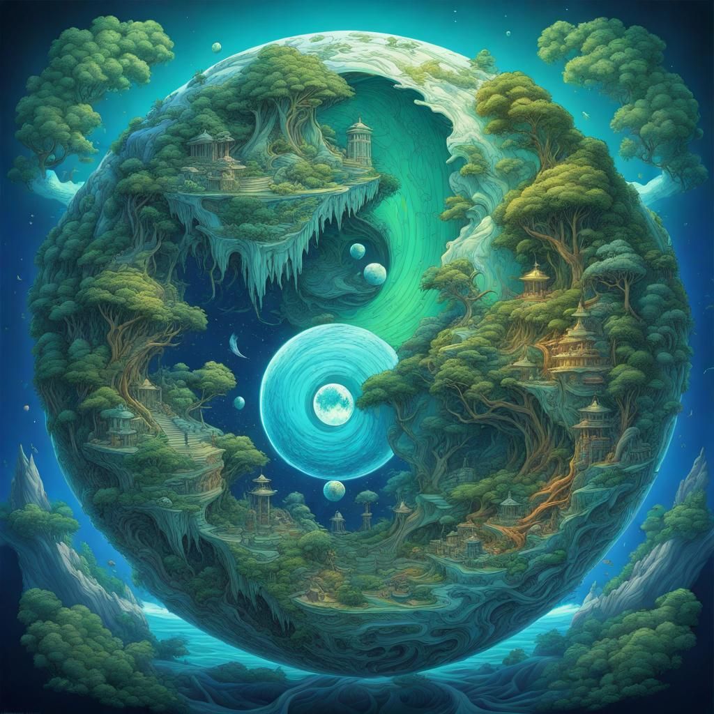 Paradise Planets Yin Yang Digital Illustration
