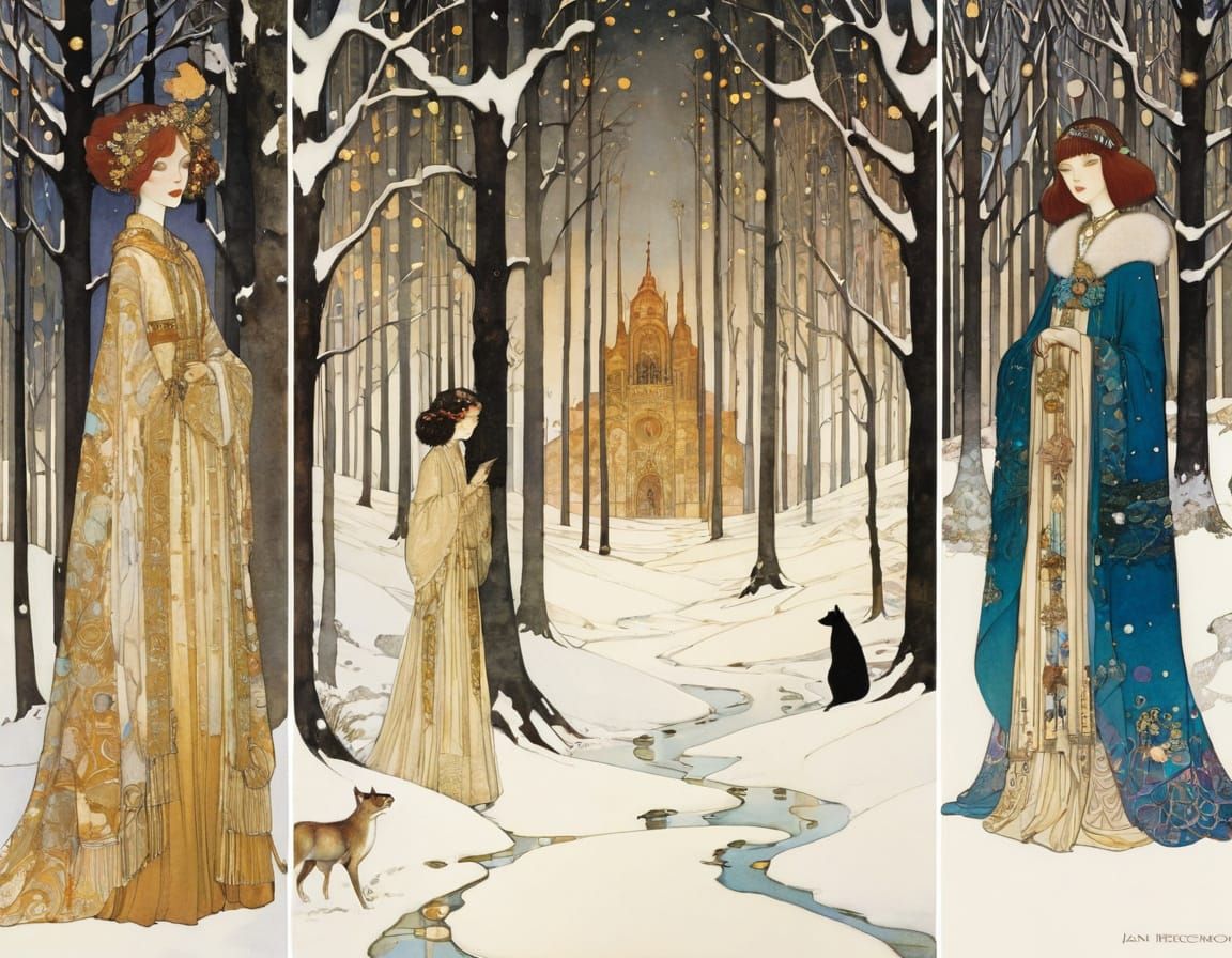 Enchanting Winter Landscape in Art Nouveau Style