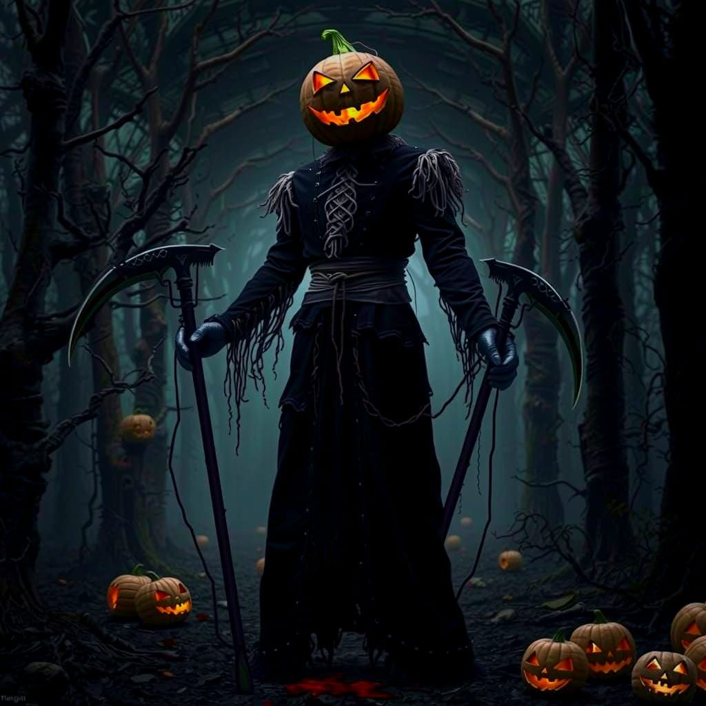 Menacing Scarecrow with Scythe in Gothic Horror Style