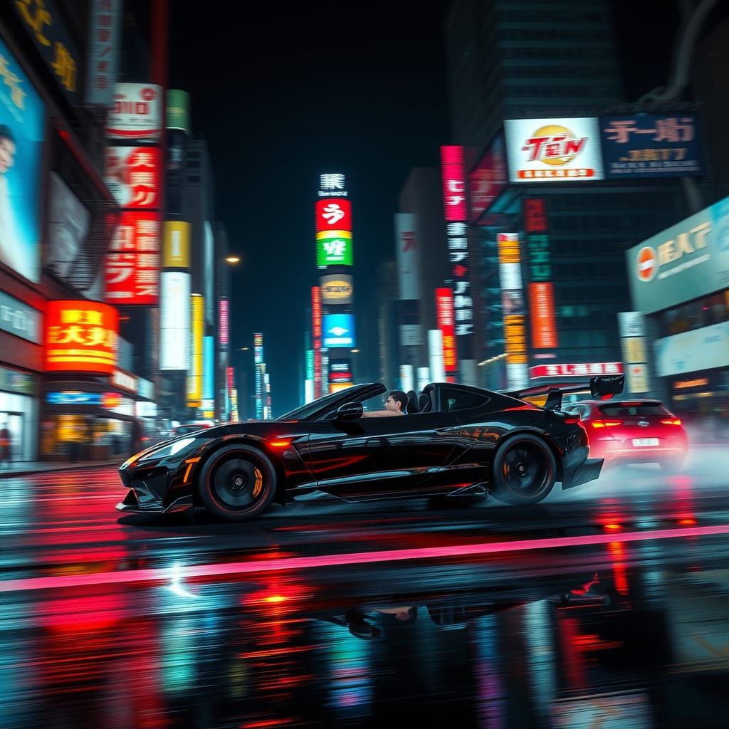 Neon Sports Car Drifting Through Tokyo Night