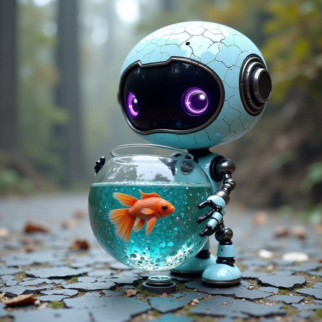 Cute Robot Holding a Fishbowl