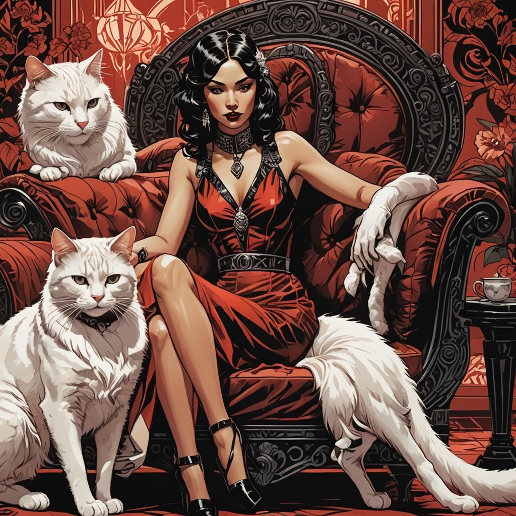 Art Deco Woman with Cat in Red and Black