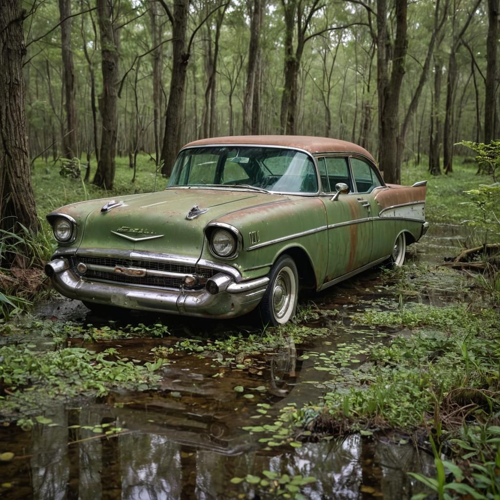 Rusty Green 1957 Chevy Bel Air in Swamp