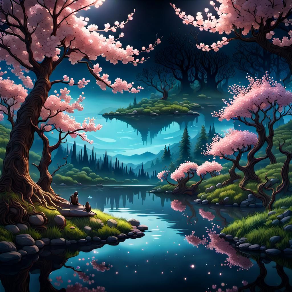 Enchanted Forest with Cherry Blossom Tree