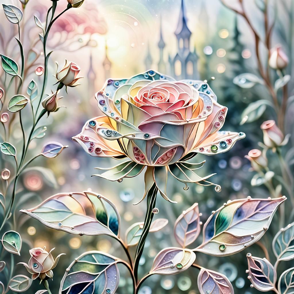 Ethereal Stained Glass Rose in Watercolor Style