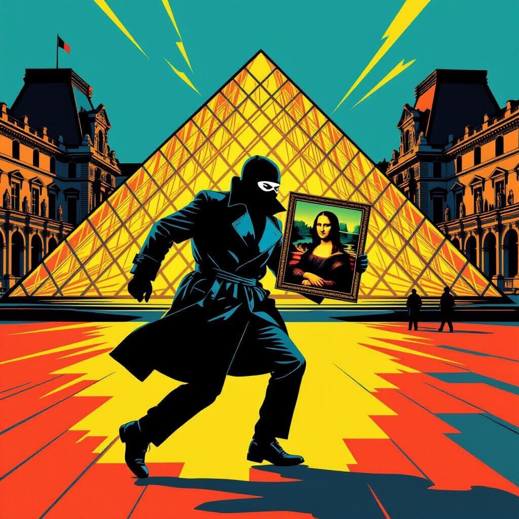 Thief Steals Mona Lisa from Louvre in Pop Art Style