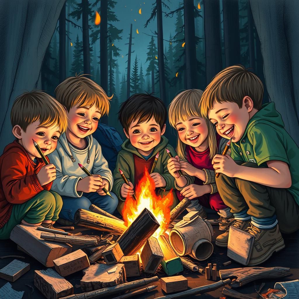 Children's Campfire Woodworking in Vibrant Scribble Style
