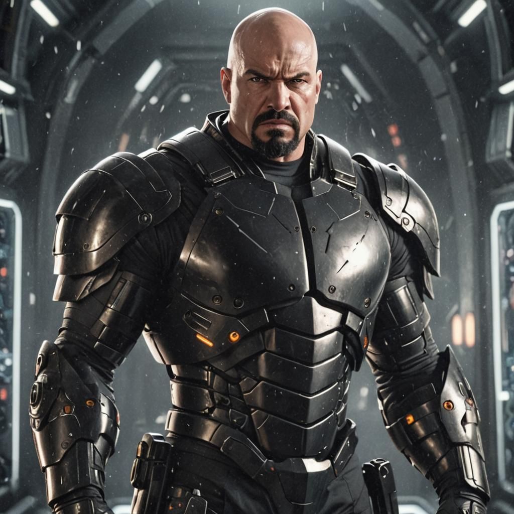 Angry Bald Man in High-Tech Space Armor