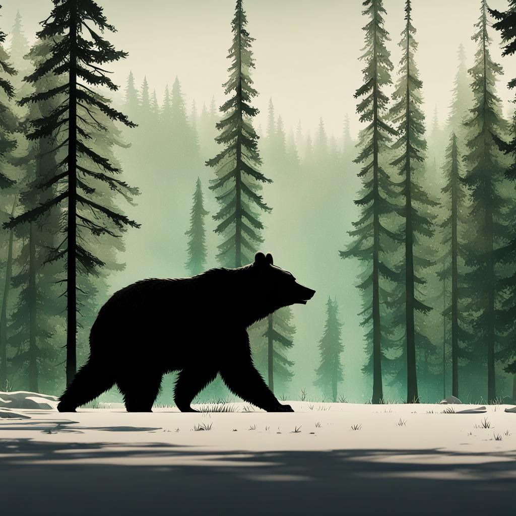 Black Bear Silhouette in Forest, Fantasy Art