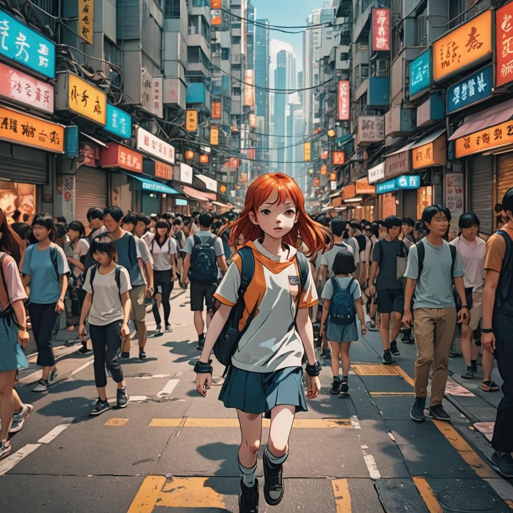 Redhead Cyborg Girl in Hong Kong, Manga Style