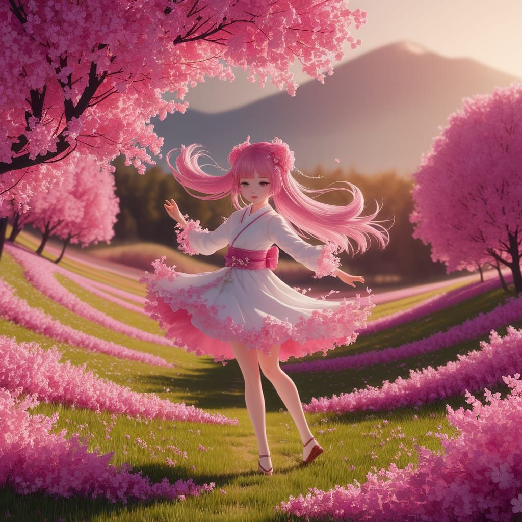 Girl Dancing in Japanese Meadow, Anime-Inspired Digital Art