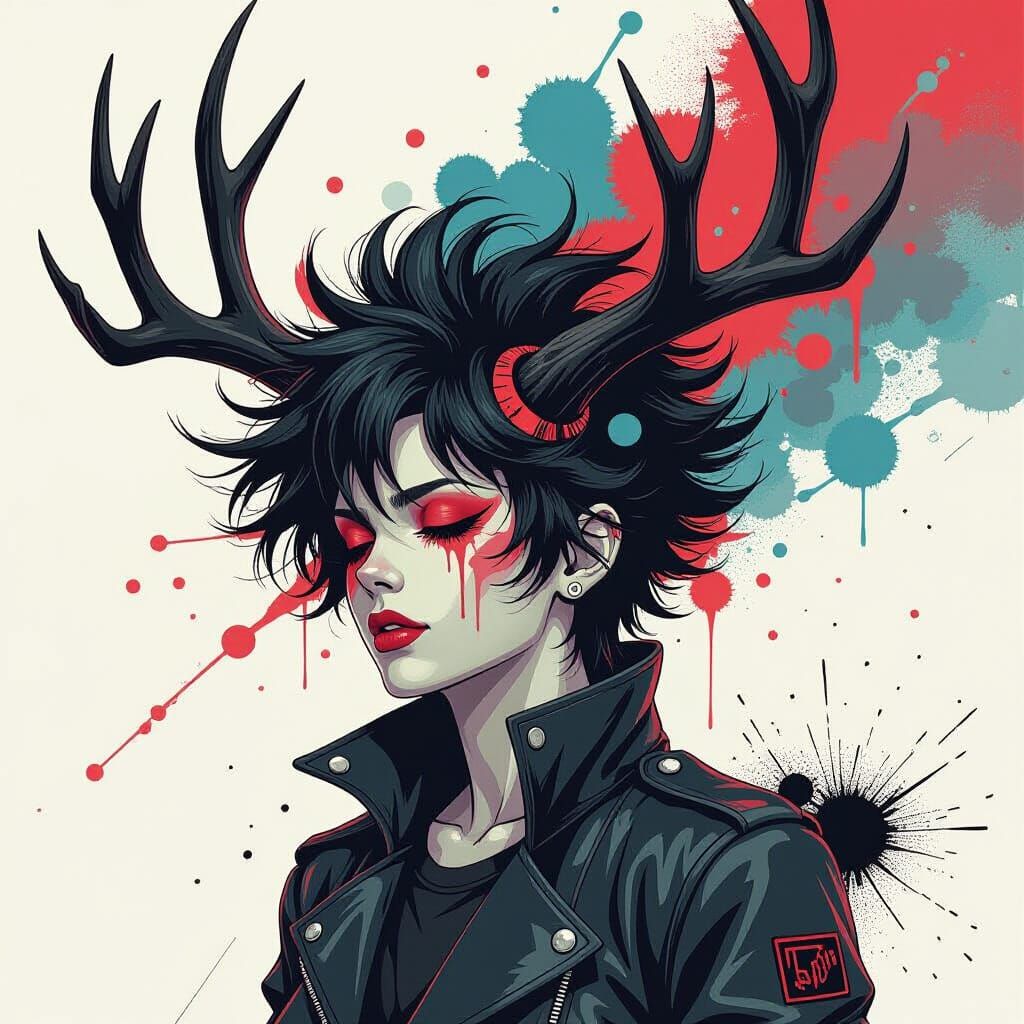 Goth Cyberpunk Antlered Figure in Dynamic Motion
