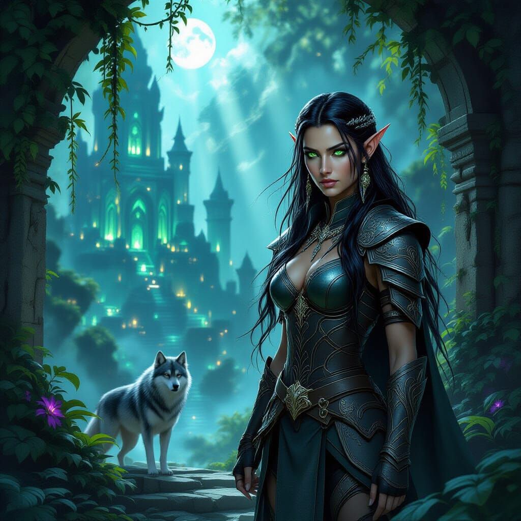 Elf Warrior Guards Forgotten City with Wolf Companion