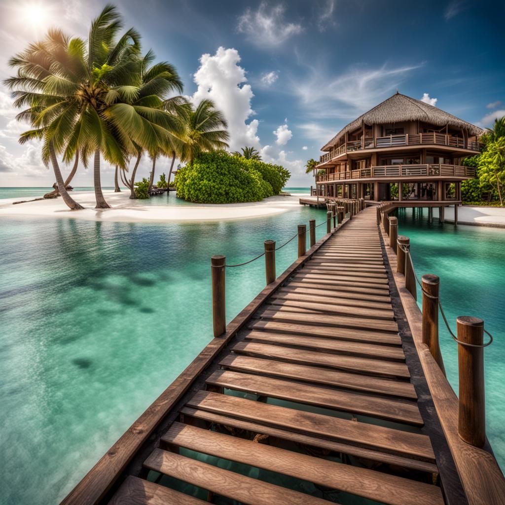 A wooden walkway welcoming you to a luxury complex built on a tiny island in Mauritius.