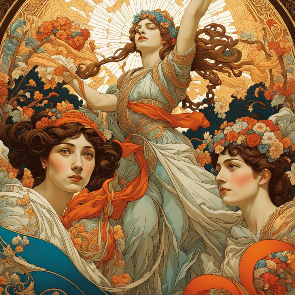 People Raising Symbols of Honesty in Art Nouveau Style