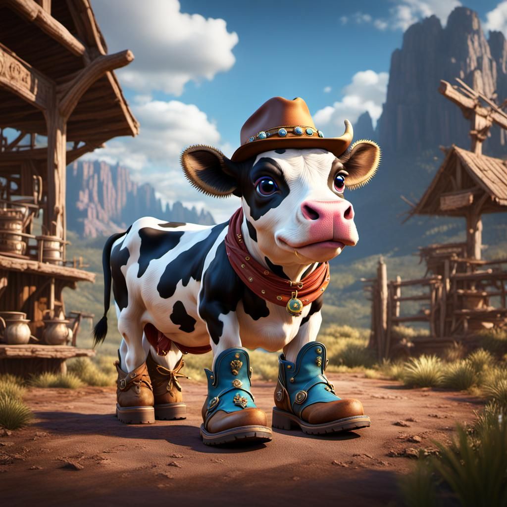 Baby Cow in Cowboy Hat: Detailed Matte Painting
