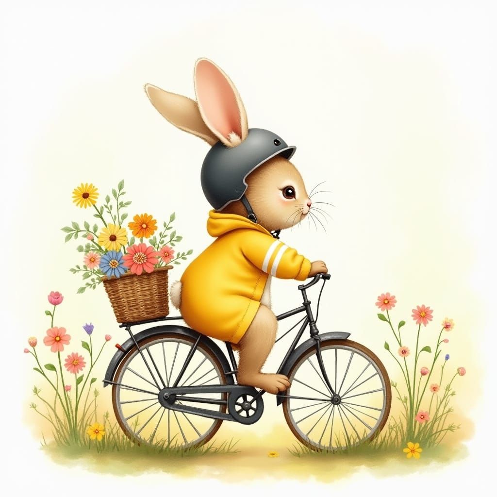 Whimsical Bunny Rides Vintage Bicycle in Sunny Meadow