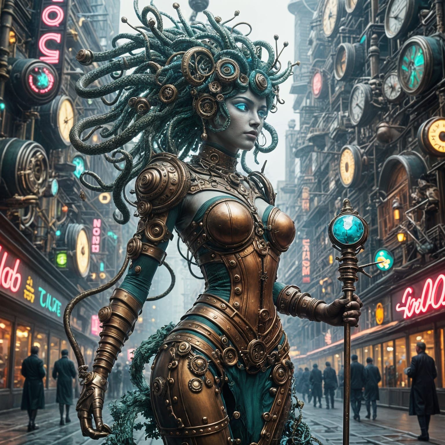Steampunk Medusa in Metropolis of Metallic Coils