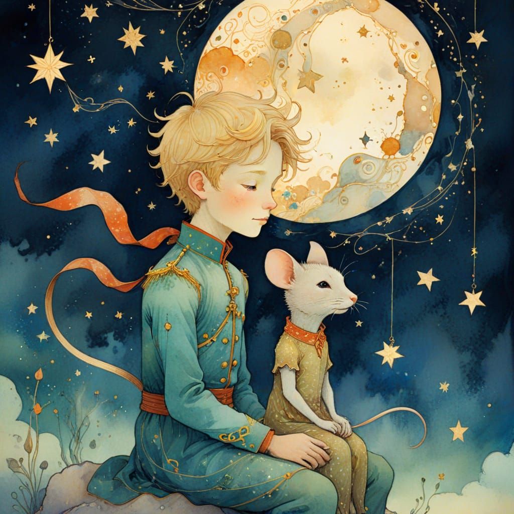Little Prince and Mouse Under Starry Sky in Illustration Sty...