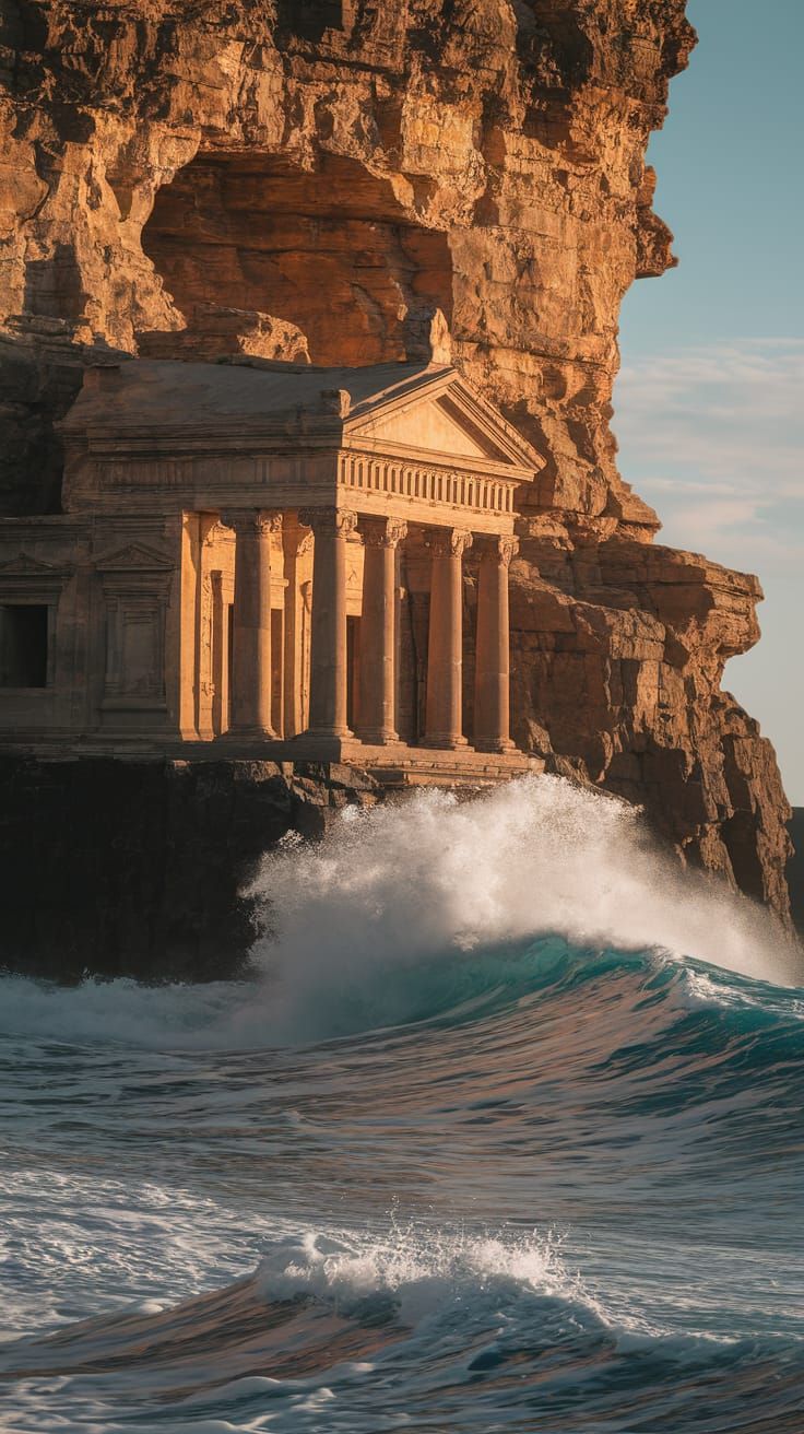 Ancient Cliffside Temple Overlooking Turbulent Sea