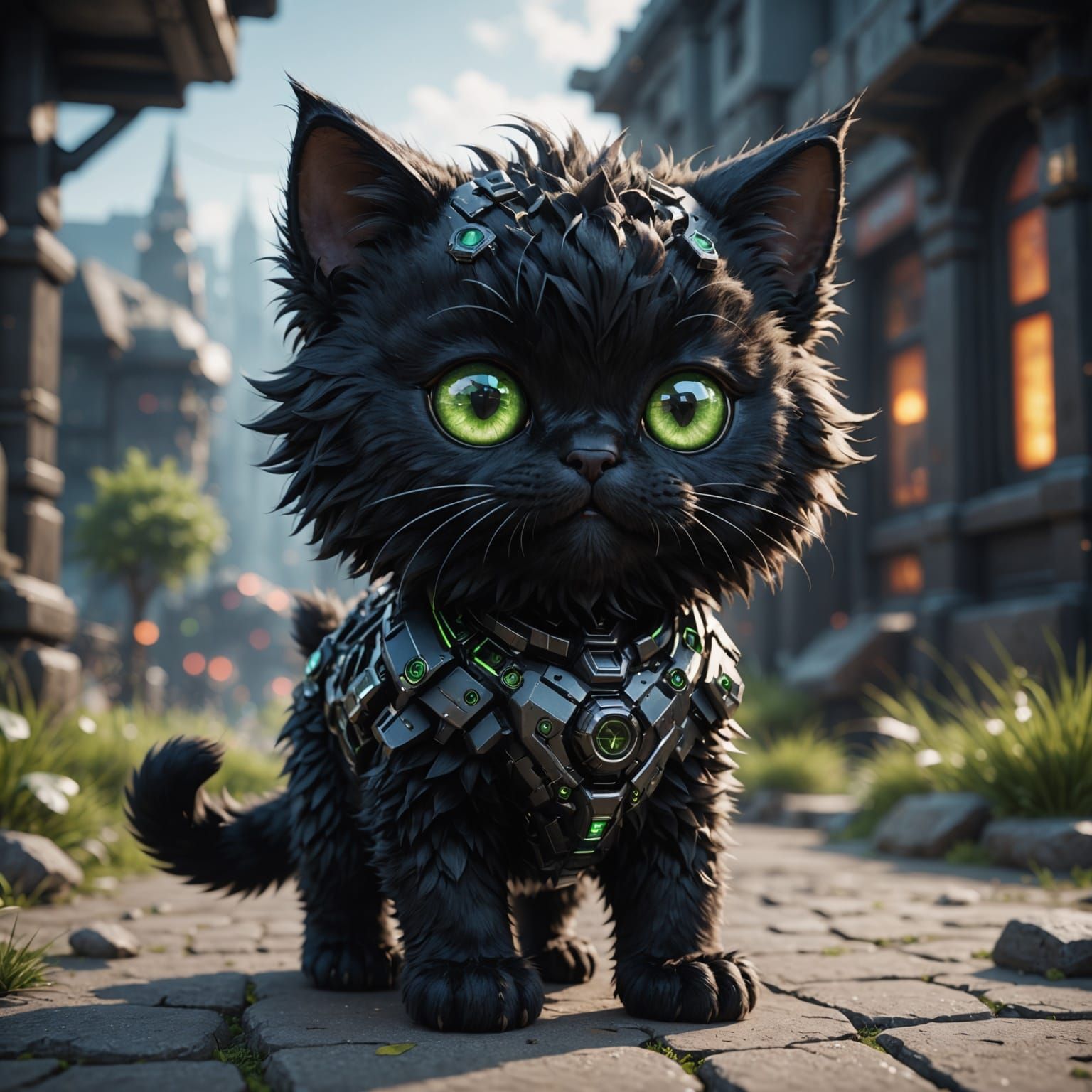 Cyberpunk Feline Mech in Futuristic Cityscape