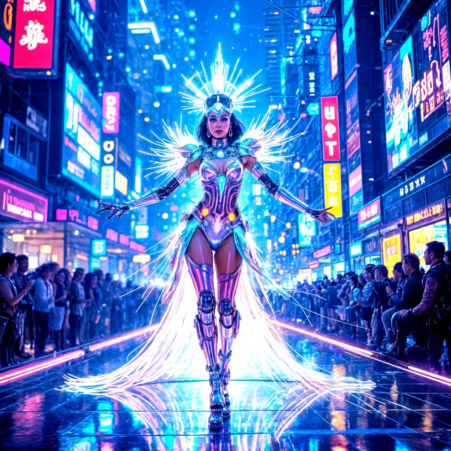 Futuristic Cybernetic Showgirl on Neon Stage in Cyberpunk St...