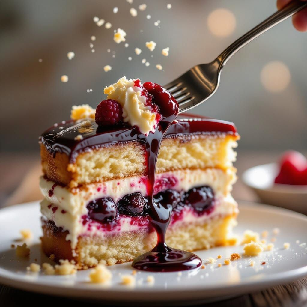 Extreme close-up of a fork lifting a bite of a blueberry cak...