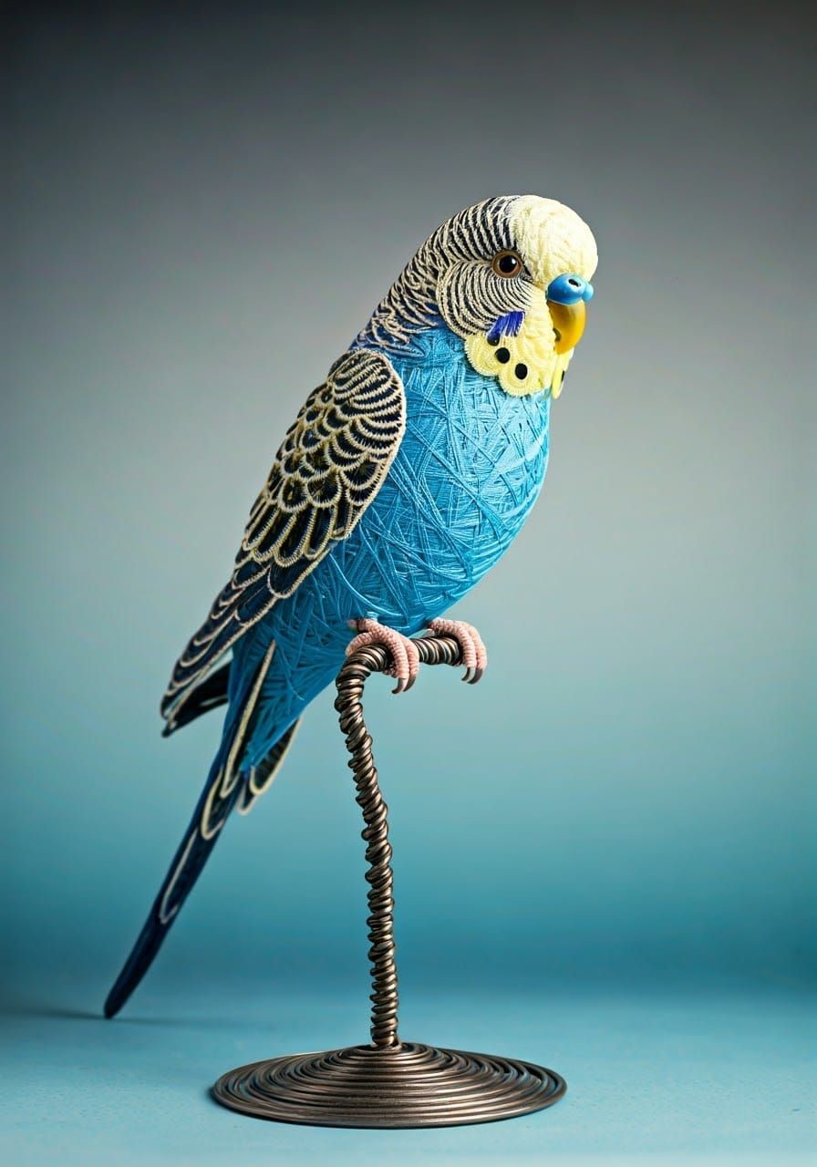 Woven Shoestring Budgie Sculpture on Metal Stand