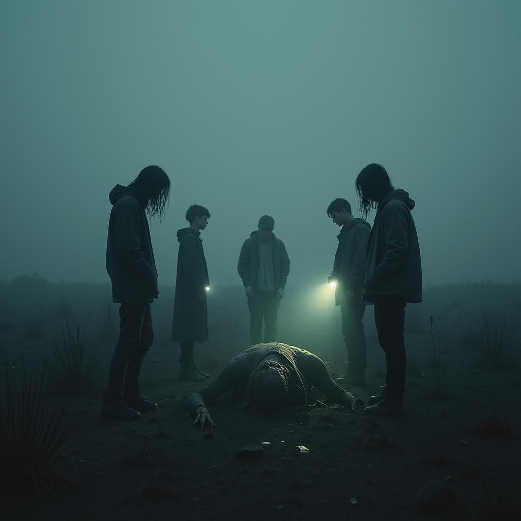Eerie Zombie in Misty Field, Dark Atmospheric Realism