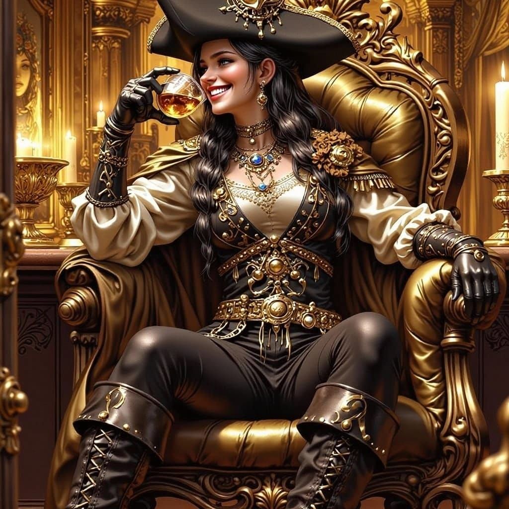 Smiling Pirate Captain in Opulent Cabin