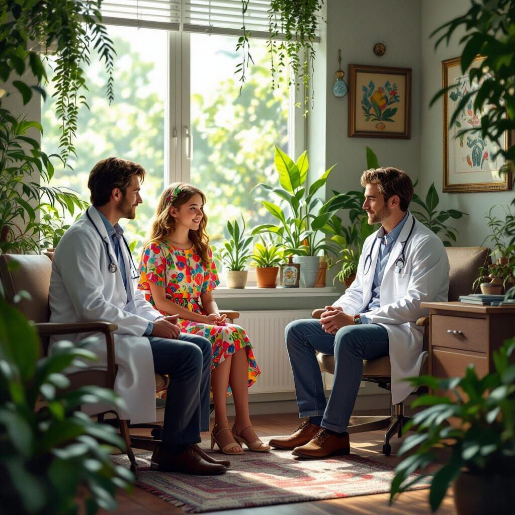 Doctor and Couple in Fantasy Art Style Office