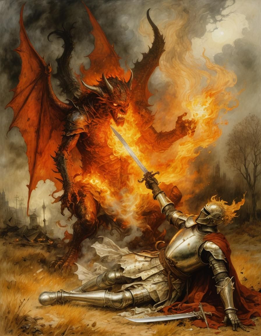 Knight vs Fire Demon in Arthur Rackham Style
