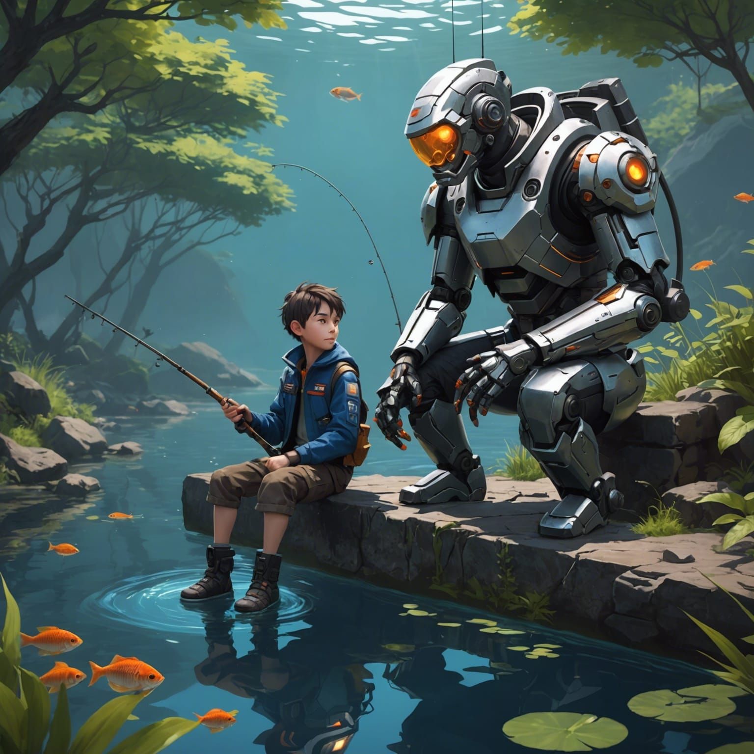 Cyborg Father and Son Fishing: Anime Art